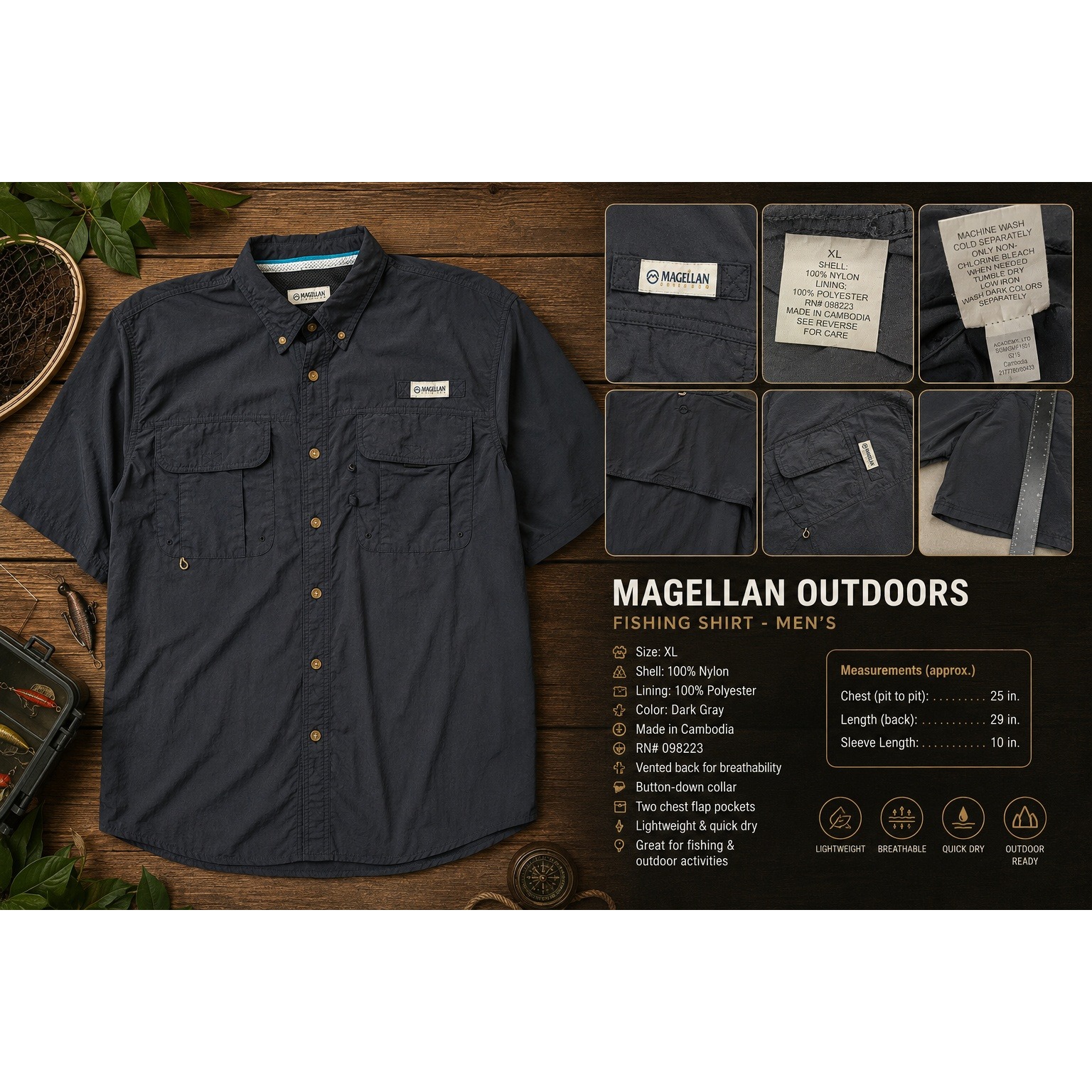 Magellan Outdoors Mens Xl Black Fishing Shirt Short Sleeve Ventilated Nylon